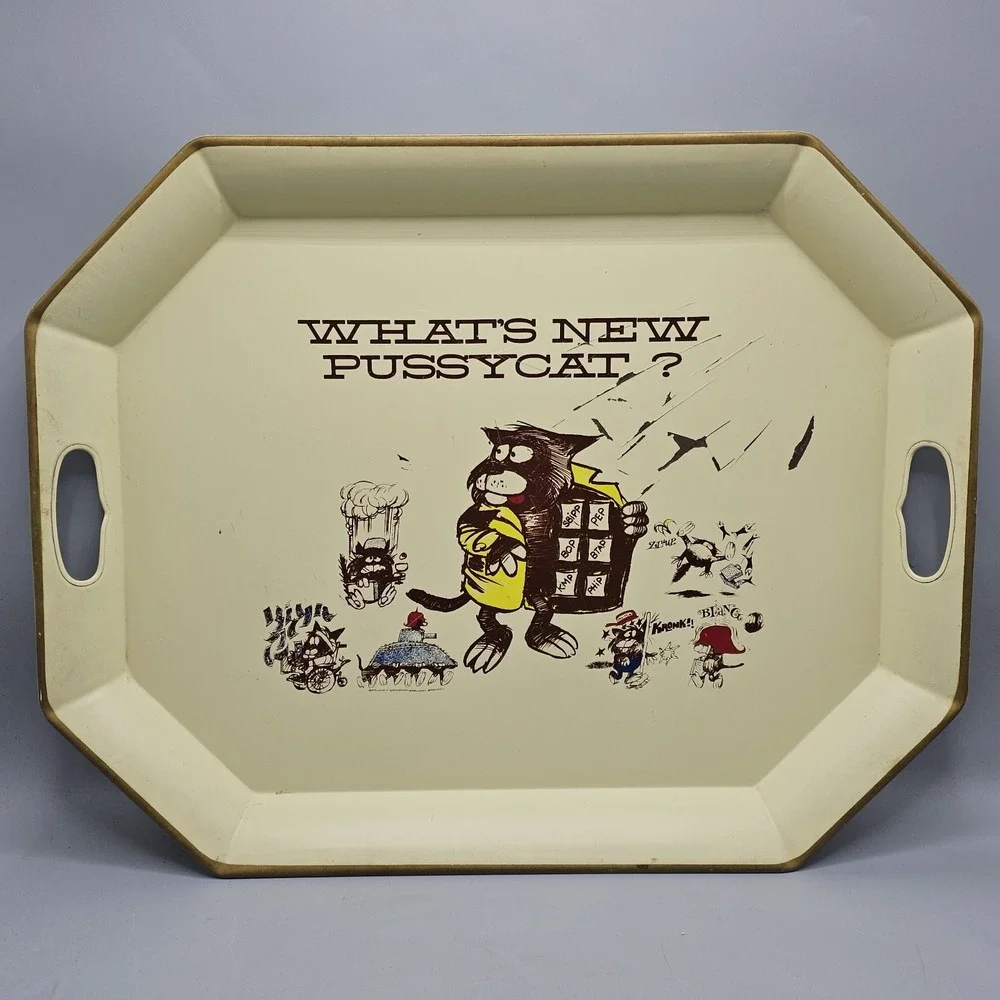 Mid Century What's New Pussycat? Aetna Enamel Tray Cottage Grandma‎ Folkart 1966